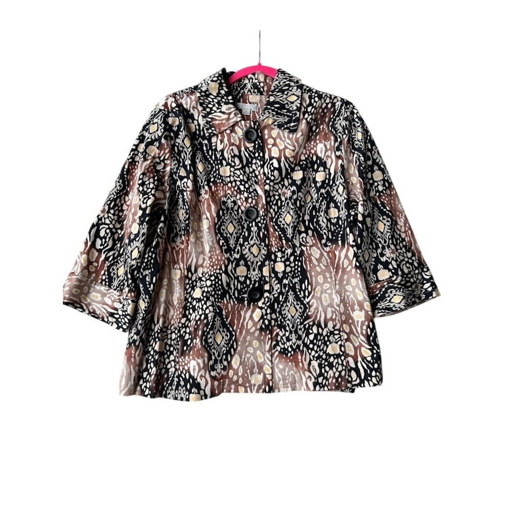 Erin London Womens Plus 1X Ikat Animal Print Button Front Jacket Black Brown